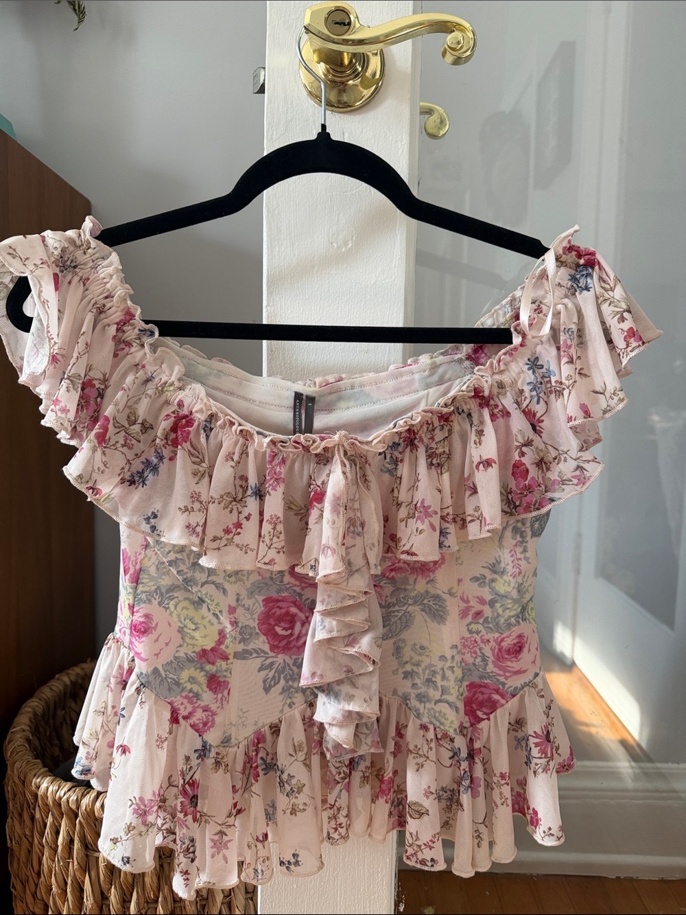 Anthropologie Light Pink Floral Ruffle Off-Shoulder Crop Top